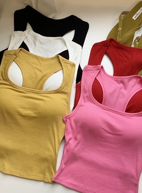 黄色工字吊带背心女夏季辣妹性感无袖内搭纯欲风紧身短款上衣外穿