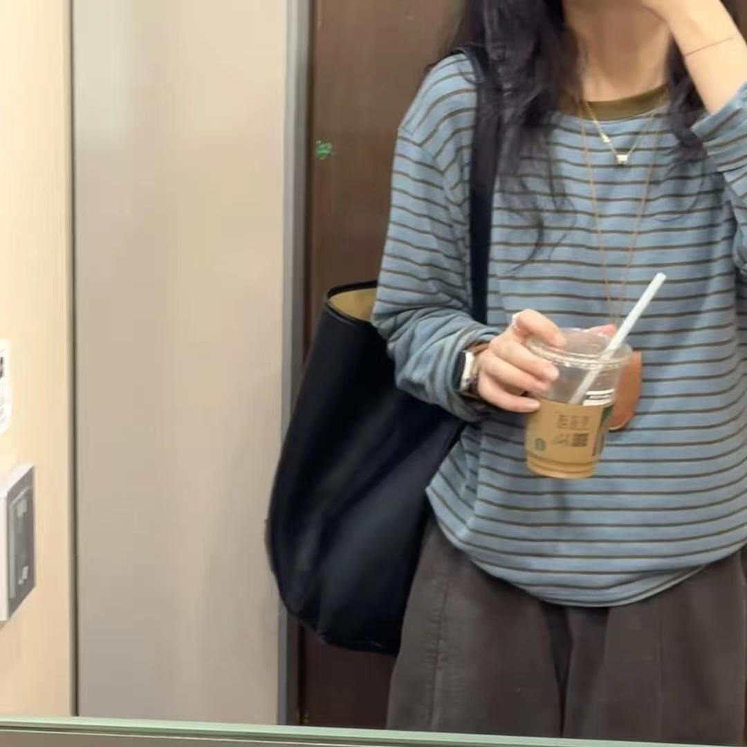 韩系复古撞色条纹针织打底衫女秋