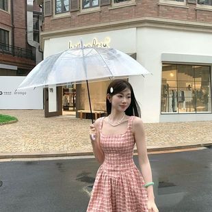 甜心雪莉玫韩系连衣裙女夏甜美俏皮少女感格纹A字裙收腰吊带裙女