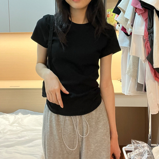 棉质正肩短袖 T恤女夏休闲百搭修身 上衣体恤黑色显瘦基础款 打底衫