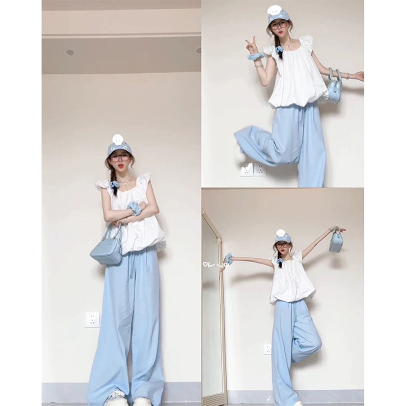 多巴胺休闲运动套装女夏季宽松显瘦韩版学生无袖上衣阔腿裤两件套