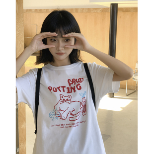 t恤女夏季 梨形自制印花白色短袖 宽松小个子可爱百搭上衣