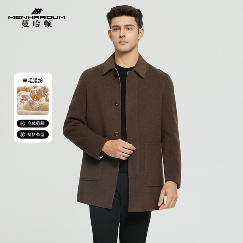 MENHARDUM/蔓哈顿冬季新品绵羊毛混纺翻领大衣大口袋单排扣外套男