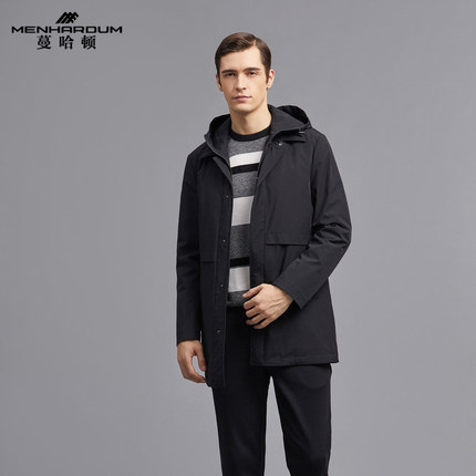 MENHARDUM/蔓哈顿秋冬新款中长款连帽羽绒服男士纯色薄款羽绒外套