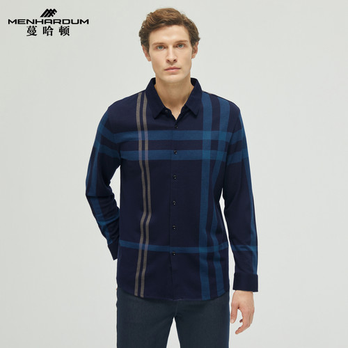 MENHARDUM/蔓哈顿秋冬新品绵羊毛混纺长袖T恤格纹撞色时尚翻领长T