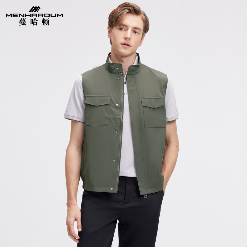 蔓哈顿立领纯色马甲多口袋