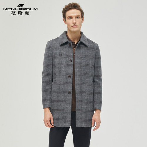 MENHARDUM/蔓哈顿秋冬新品绵羊毛中长款大衣中年翻领格纹羊毛大衣