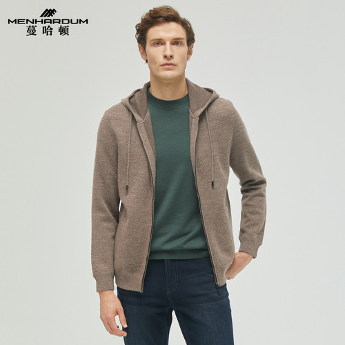 MENHARDUM/蔓哈顿秋冬新品高端男装绵羊毛混纺开衫连帽针织外套