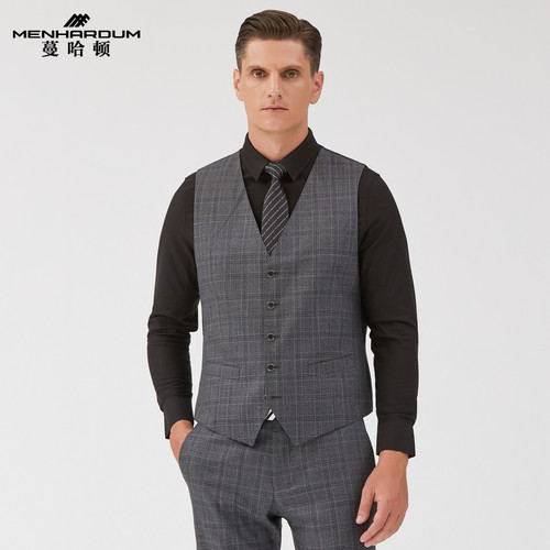 MENHARDUM/蔓哈顿秋冬新品绵羊毛混纺V领西装马甲格子西服马甲男