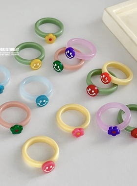 多喜商店【白茶】买二送一韩版糖果色甜美花朵笑脸亚克力叠戴戒指