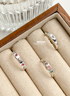 多喜商店【古典书脊】镶嵌彩色锆石闪闪卡通手绘线条做旧开口戒指