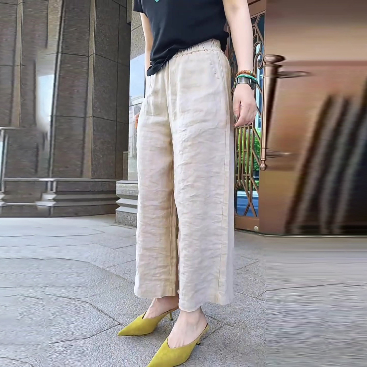 日韩夏季原麻色松紧腰九分裤女大码胖MM梨型身材简约时尚休闲裤女