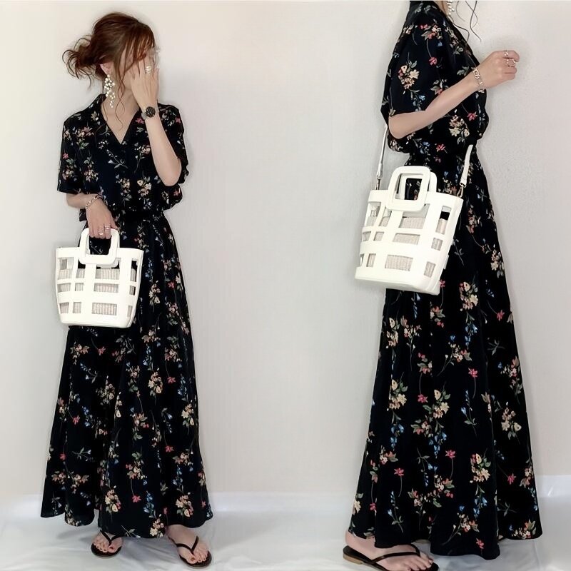 跨境日韩夏季新款女装 西装领小碎花连衣裙A字裙修身显瘦短袖长裙