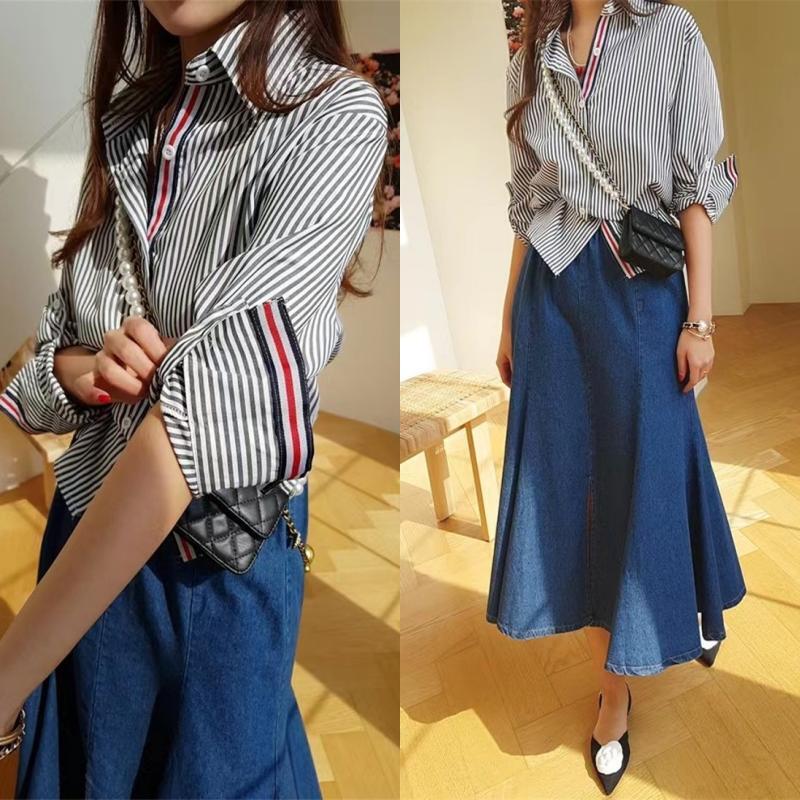 日系跨境春秋装新款女装彩带拼接装饰长袖条纹衬衫上衣百搭衬衣