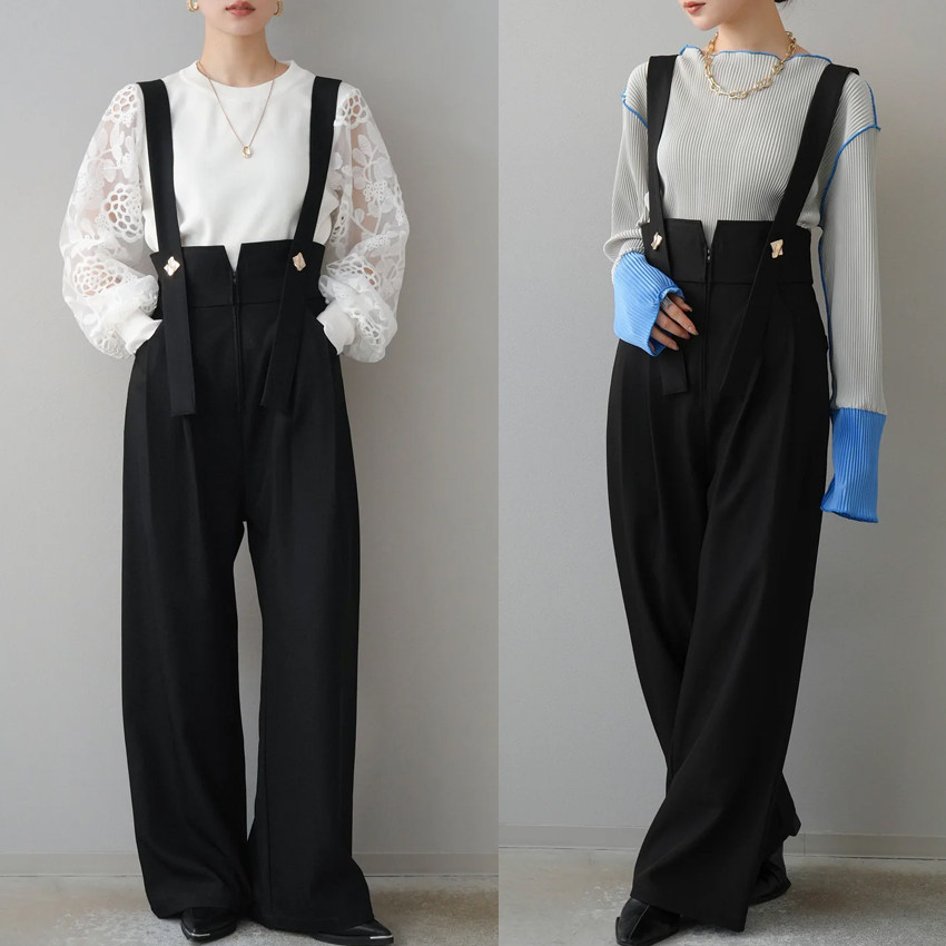 日韩跨境外贸25春新款简约背带连体裤 弹力腰女长裤子显瘦叠穿裤
