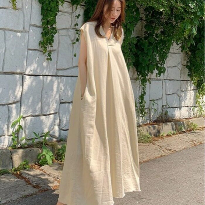 韩式简约宽松显瘦连衣裙V领连衣裙两侧有口袋2026夏季新品裙子女
