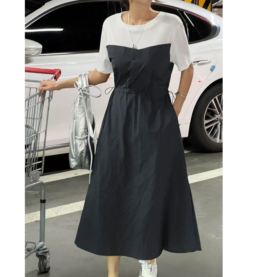 日韩chic2026夏季新品拼接假两件气质中长款撞色显瘦短袖时尚长裙