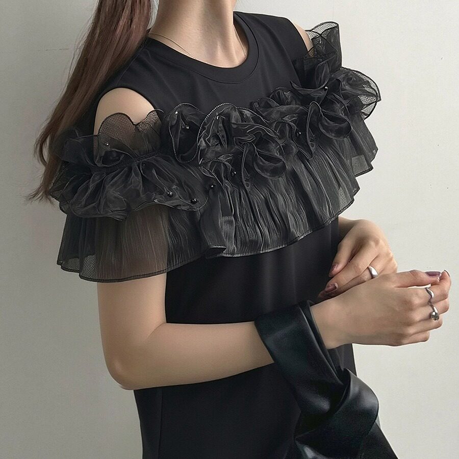 日韩chic夏假两件式多穿法女重工订珠木耳花边高档棉T恤气质上衣