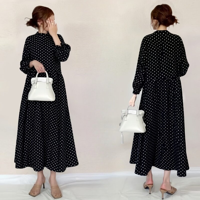 跨境日系2026春季新款女立领波点面拼接宽松长袖衬衫连衣裙圆点