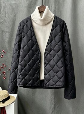 外贸跨境2026秋冬新款菱格轻薄款棉服女内搭内胆短款V领夹棉外套