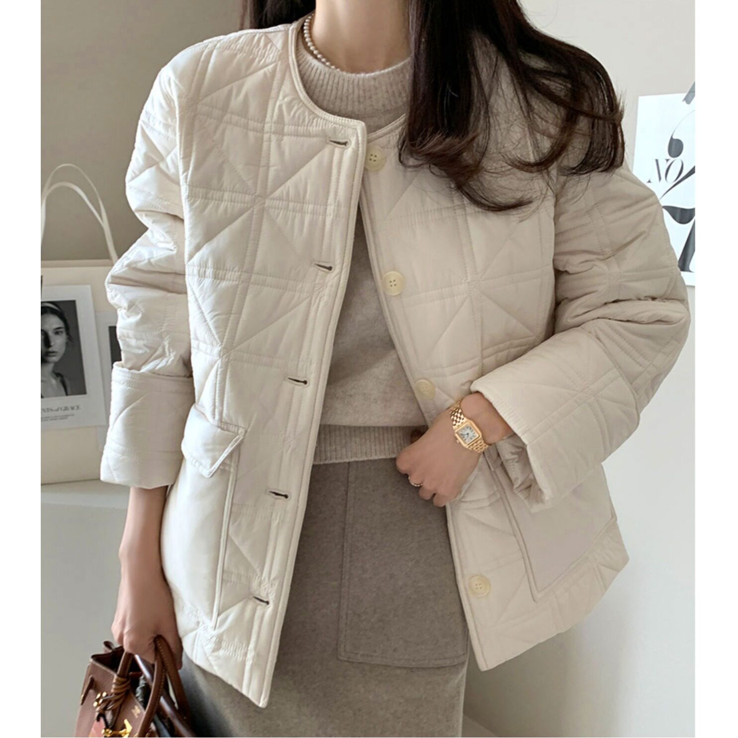 日系跨境外贸日韩版女装2026冬季新款棉衣菱形格纹外套上衣开衫女