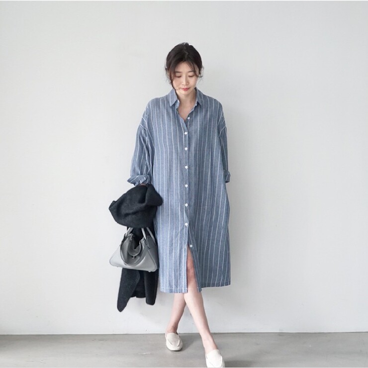 日系跨境外贸百搭宽松中长款过膝长袖条纹衬衫裙女两侧有插口袋