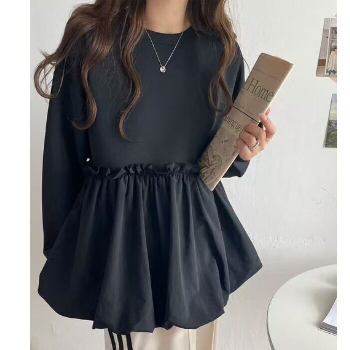 日系跨境外贸2025春秋新款下摆拼接宽松小众长袖套头卫衣上衣女