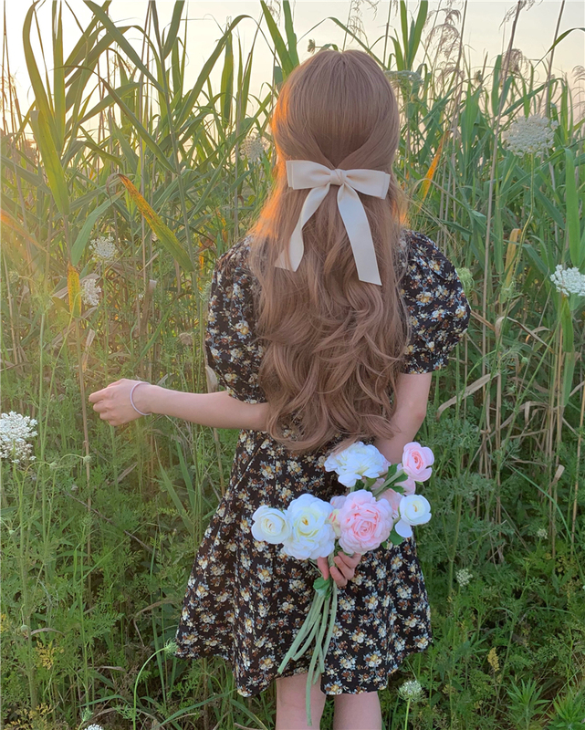 Real shot real price floral air show thin age reduction versatile bubble sleeve Korean color contrast Lapel dress