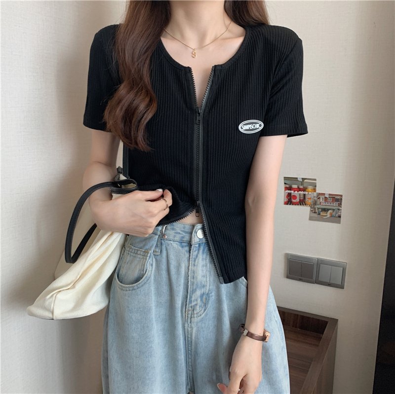 Real price design small number of double zipper thread slim short sleeve T-shirt