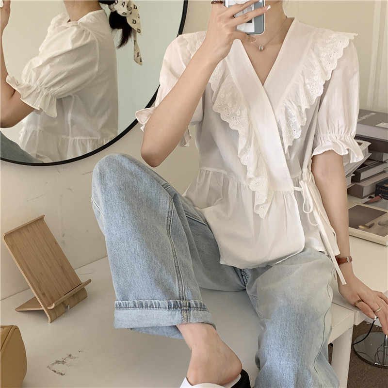 Real shot real price Korean V-neck lace stitching side tie waist puff sleeve shirt
