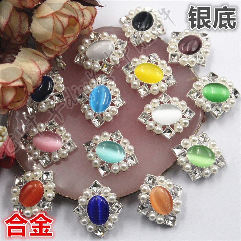 25*29mm（银底）椭圆猫眼钻菱形镶方钻镶珍珠合金花盘底座 七叶草