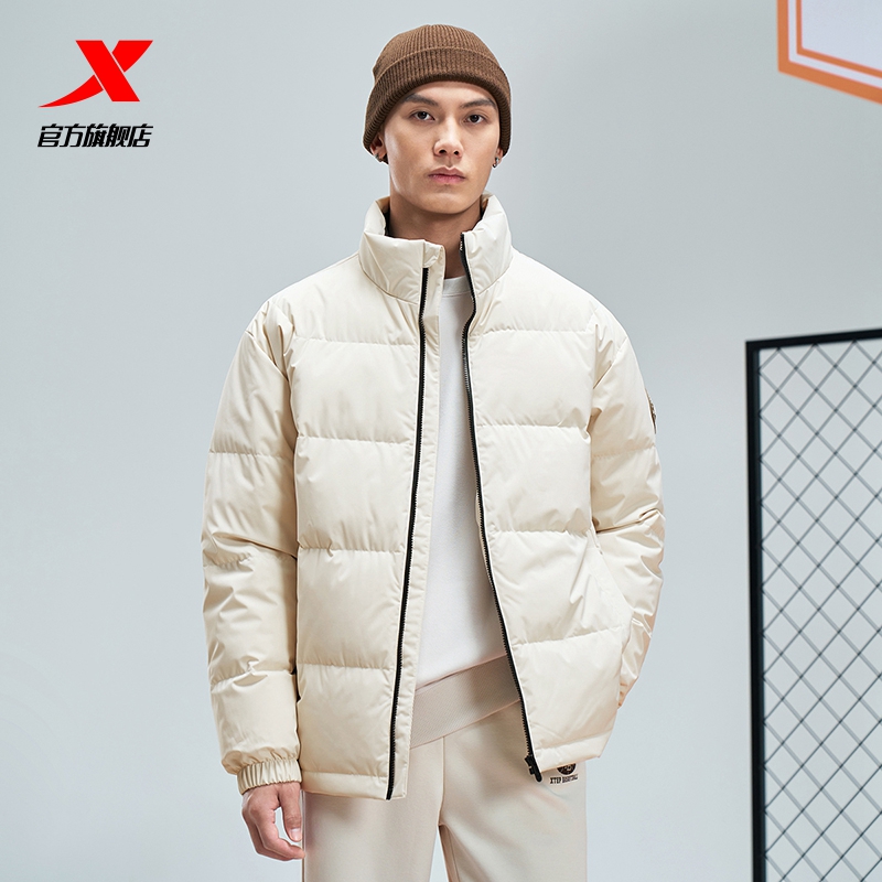 特步羽绒服男款2025冬季新款官方正品上衣加绒加厚保暖男外套白色