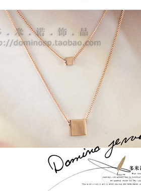 韩国OL风电镀小方块双层吊坠项链