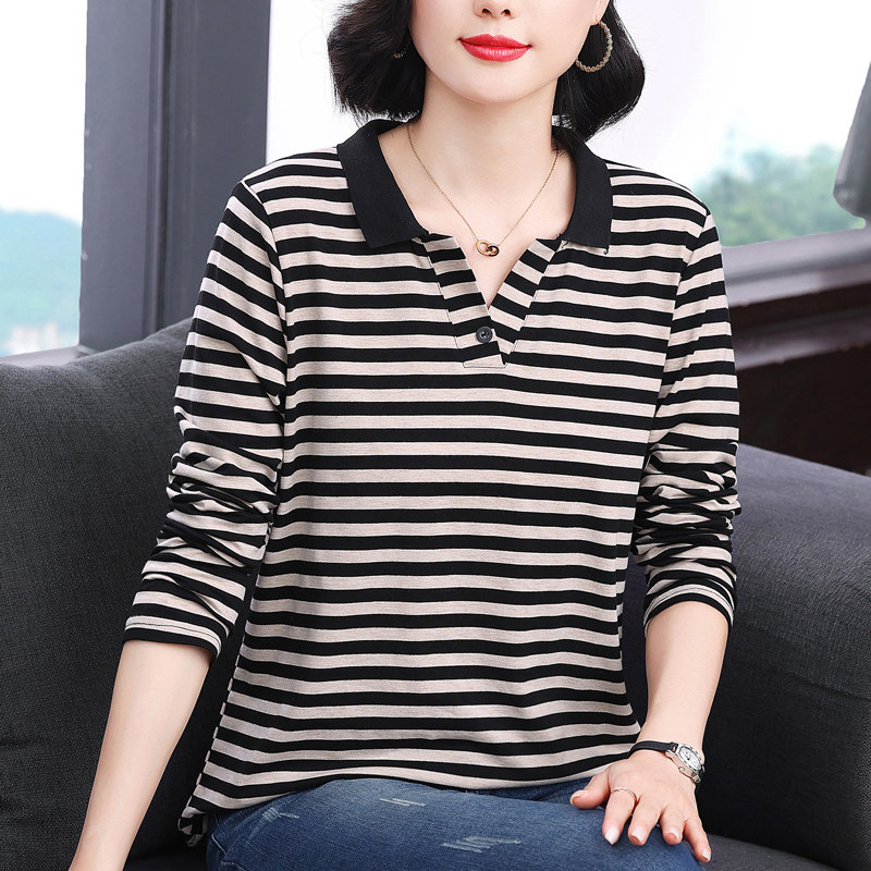 中年妈妈纯棉长袖t恤女翻领条纹遮肚上衣2025早春洋气宽松打底衫