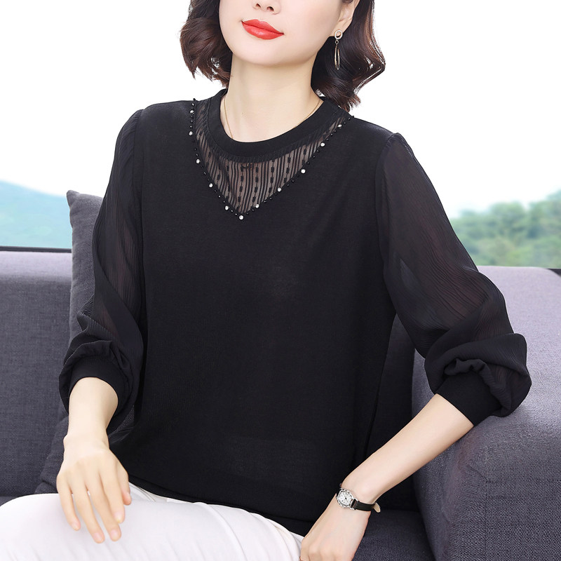 中年妈妈雪纺长袖t恤女加绒上衣