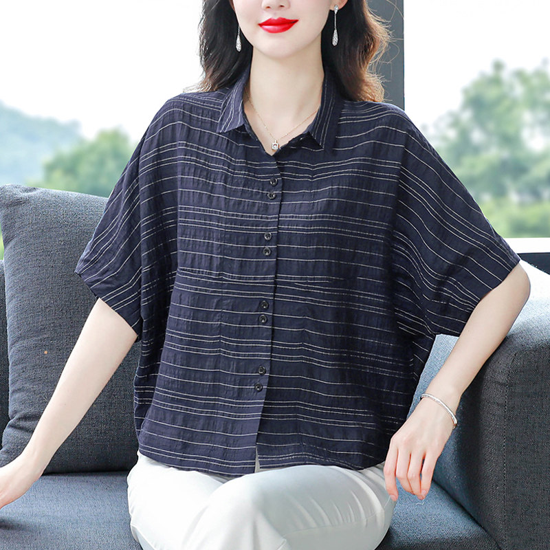 妈妈夏装棉麻短袖衬衫女士上衣