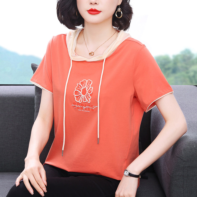 夏装薄款连帽卫衣女纯棉短袖t恤