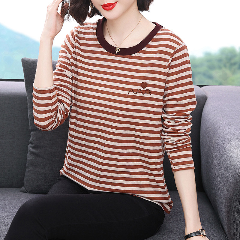 春秋纯棉长袖t恤女中年妈妈宽松条纹遮肚显瘦上衣休闲气质打底衫