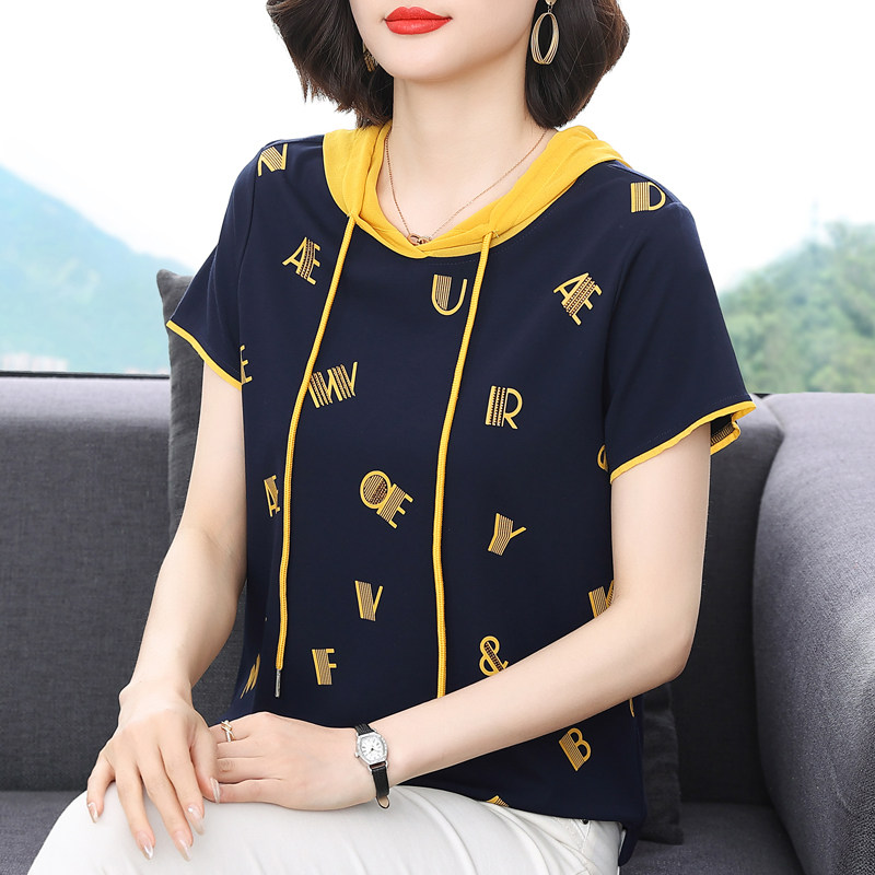 中年妈妈短袖t恤女夏装连帽卫衣