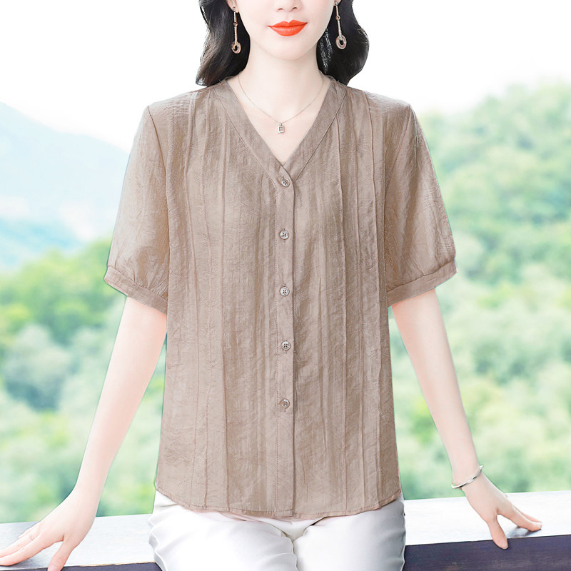 天丝棉麻衬衫女夏装妈妈短袖上衣