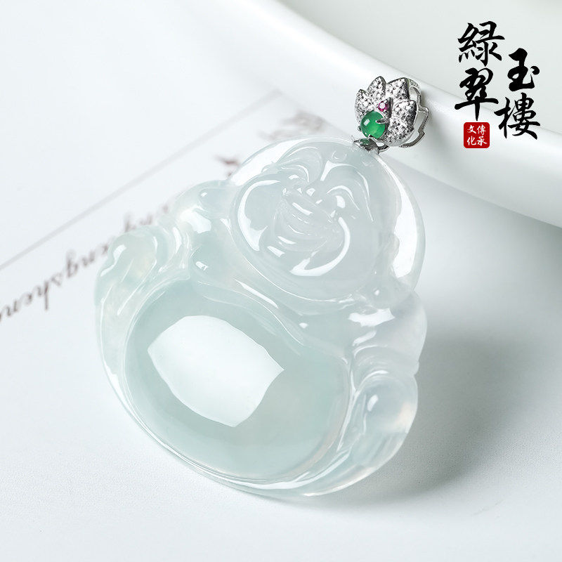 绿翠玉楼缅甸翡翠弥勒佛吊坠女18K金镶玉佛公挂件笑佛玉坠玉石362