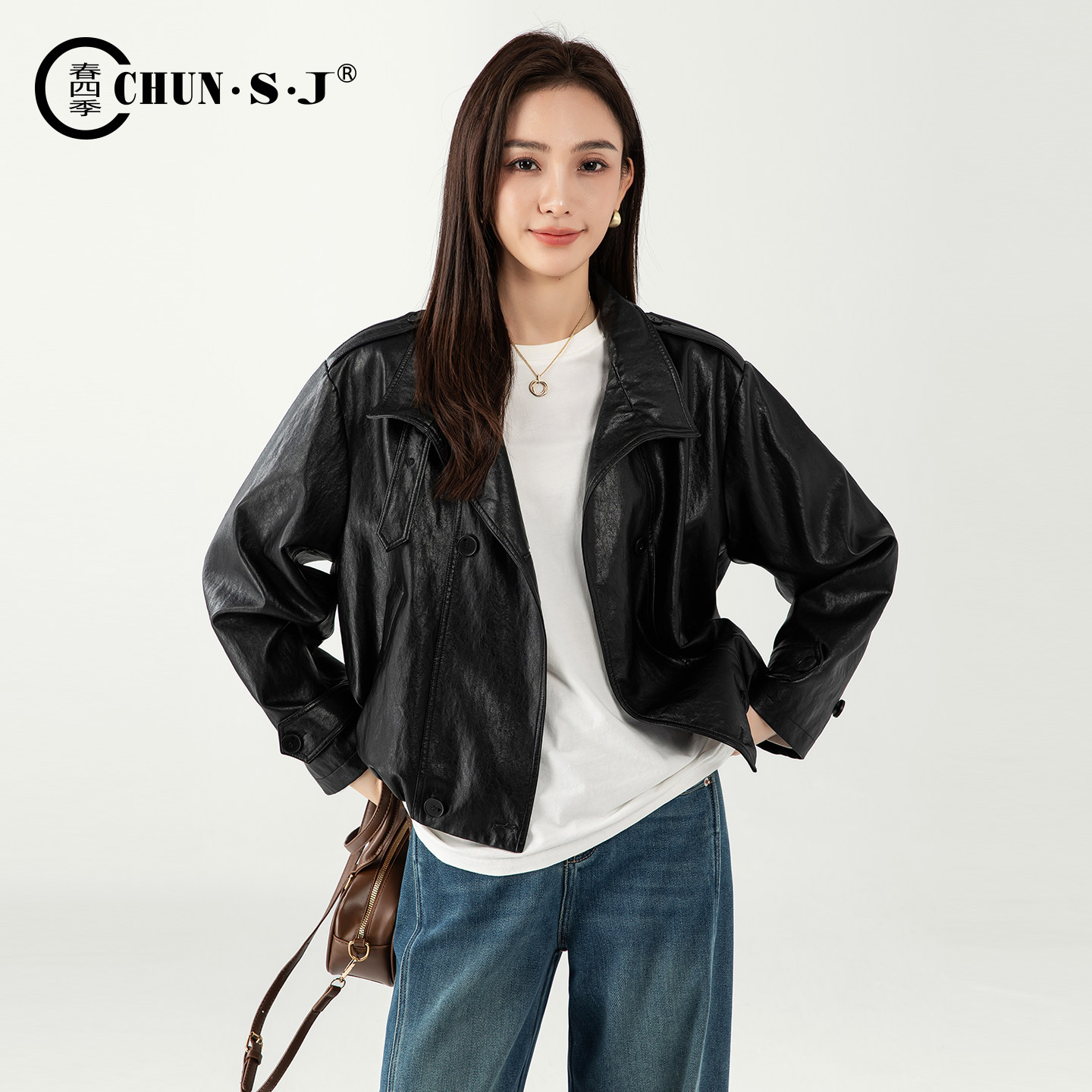 春四季黑色PU皮衣女款宽松外套图片
