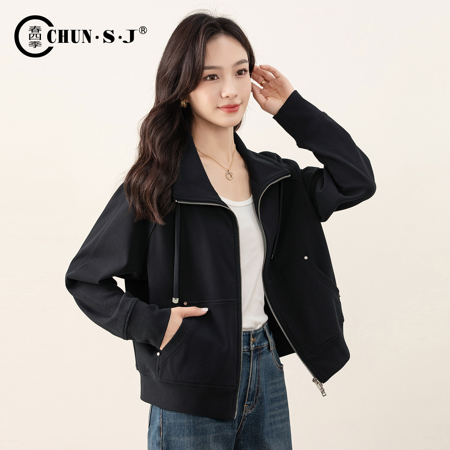 蓝色运动风卫衣外套女2026新款春季双拉链棒球服宽松休闲开衫上衣