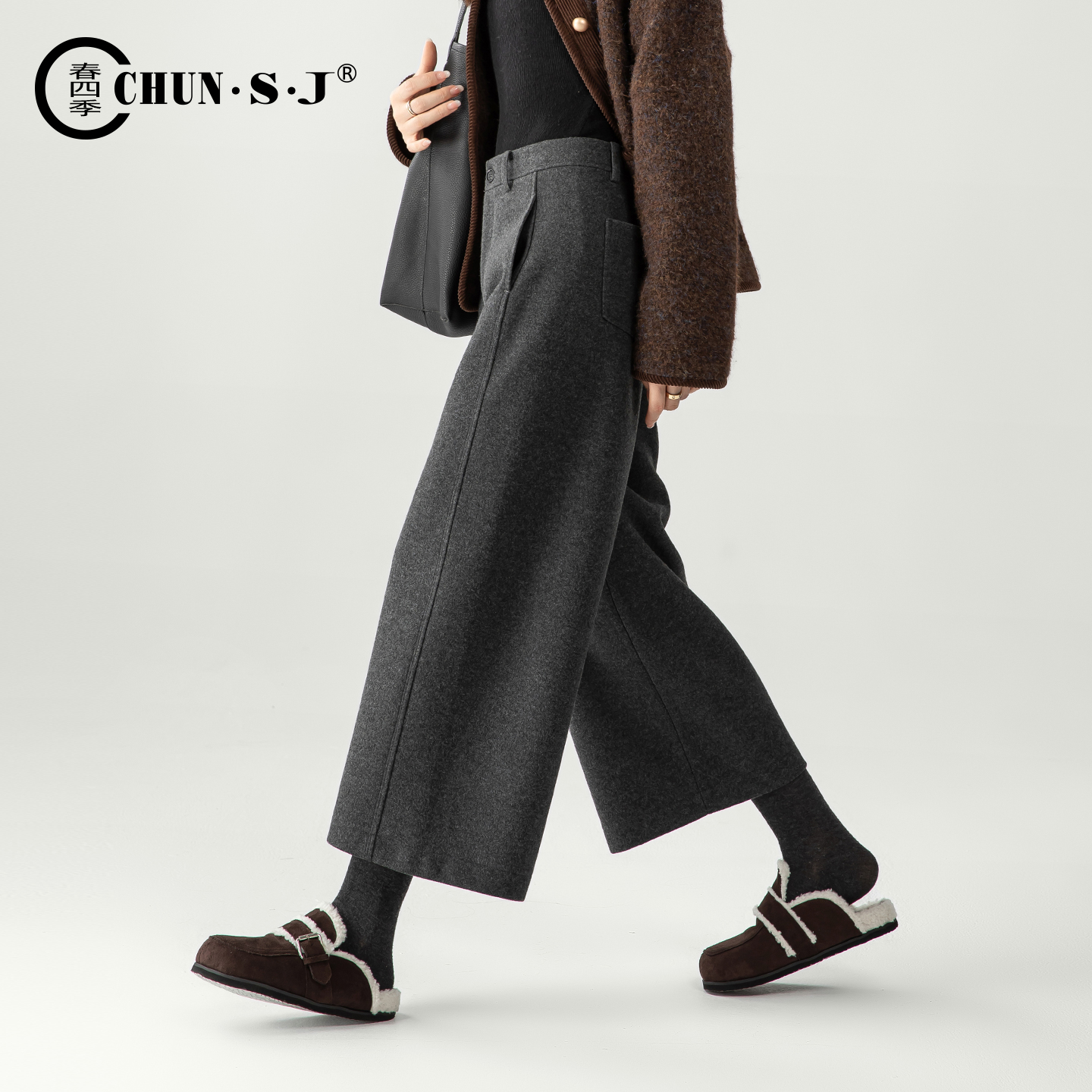春四季醋酸毛呢阔腿裤女小个子