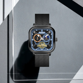 Dickies方形钢带手表潮流时尚 全自动学生月象机械表陀飞轮腕表