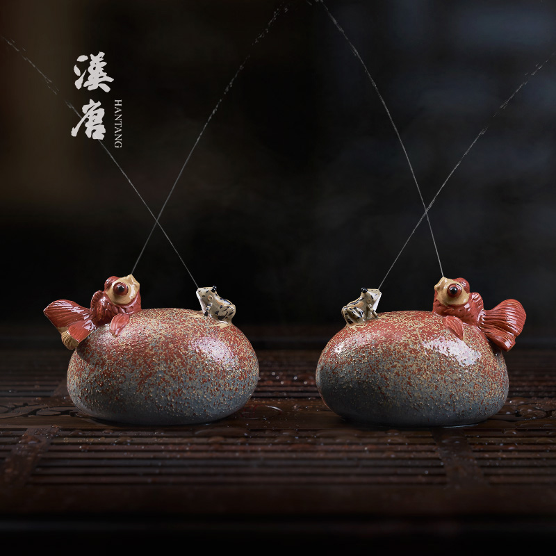 汉唐宜兴紫砂喷水茶宠摆件金鱼趣味茶宠可养茶玩茶具茶盘手工配件