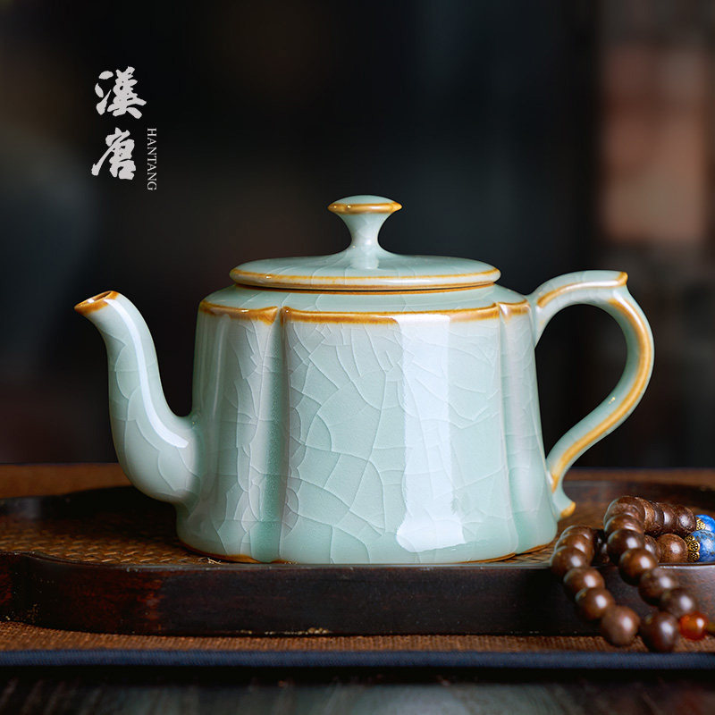 汉唐开片青瓷冰裂纹功夫茶壶泡茶陶瓷铁胎单壶茶具景德镇茶水分离