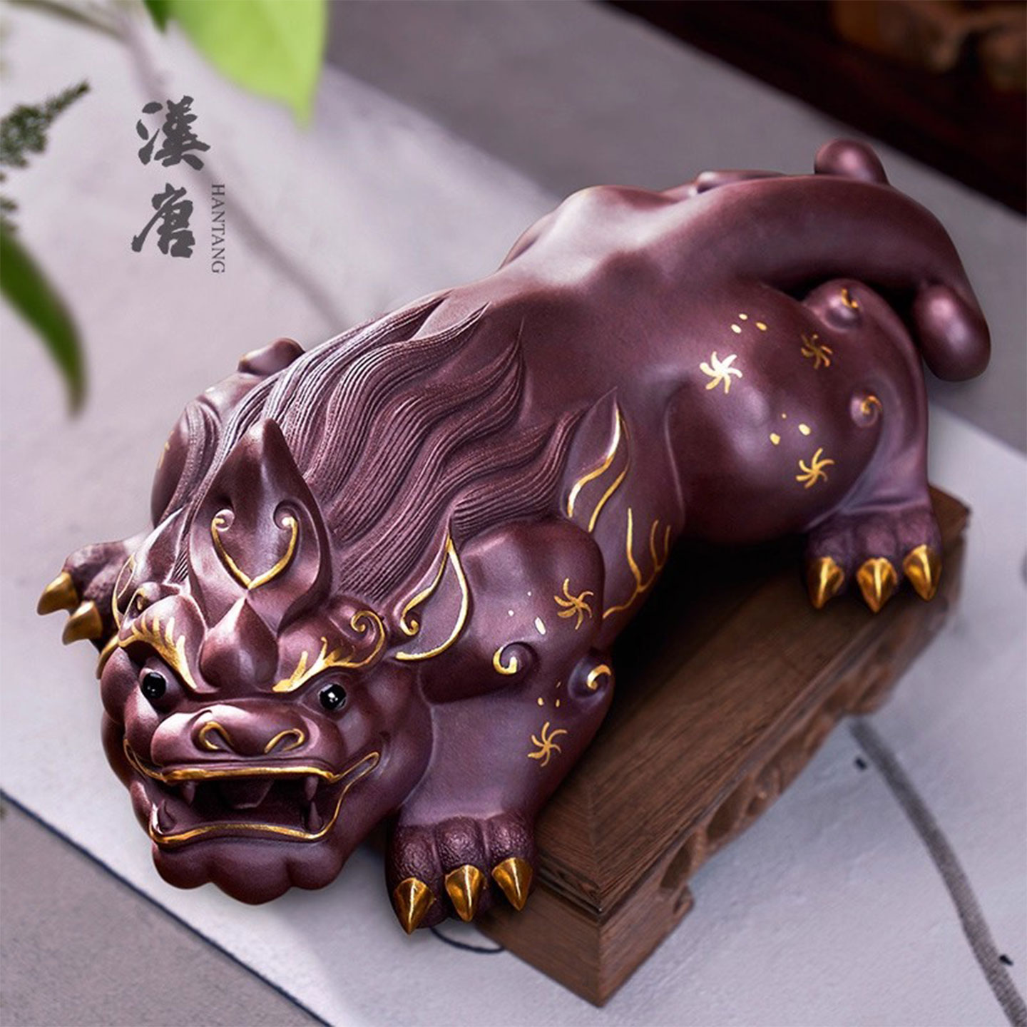 宜兴精品紫砂茶宠手工描金貔貅