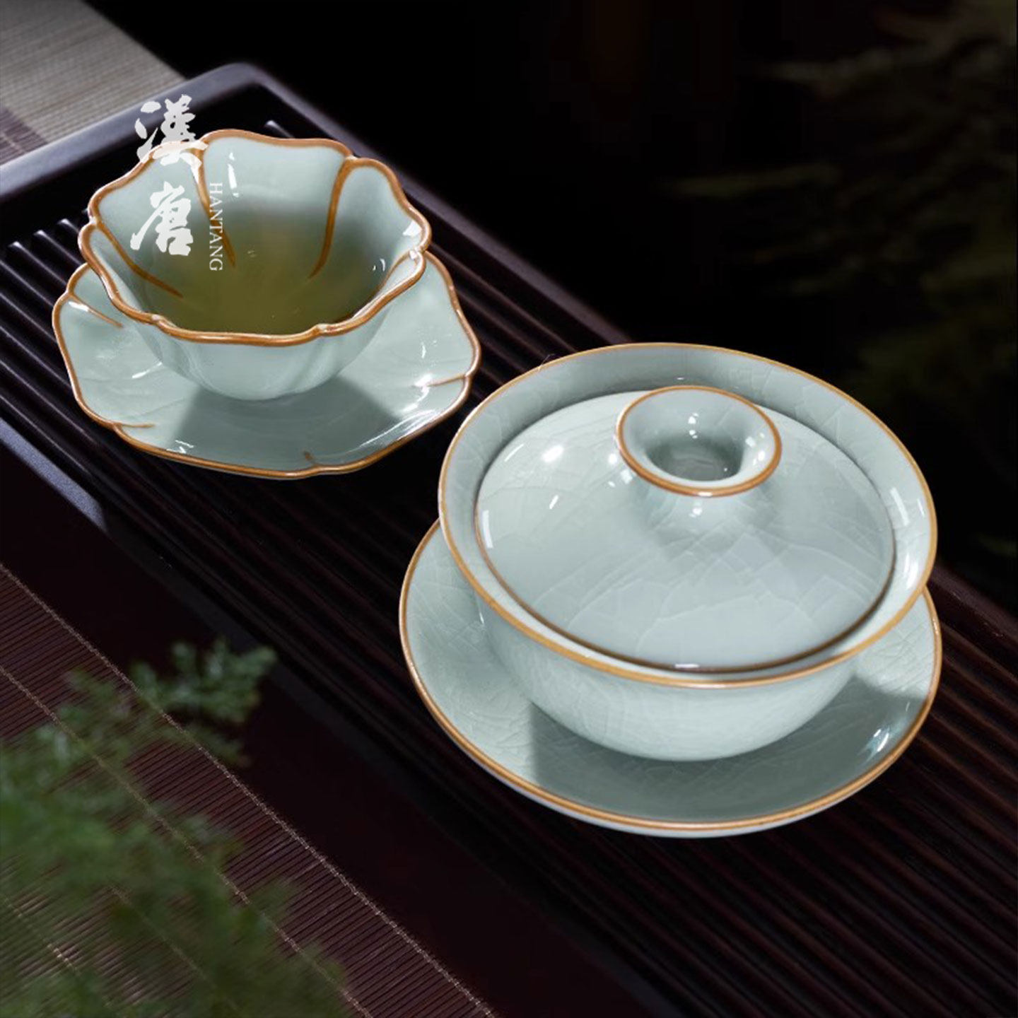 汉唐青瓷功夫茶具组 中式复古手工瓷器盖碗套装 可开片青瓷公道杯