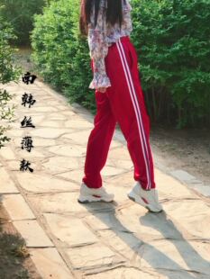 女夏季薄款直筒运动裤广场舞跳操长裤男初高中校服裤子大红色双杠